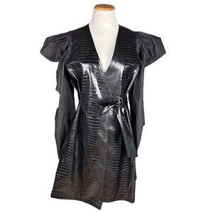 TOV Los Angeles Women's‎ Black Faux Leather Puff Sleeves Wrap Dress Coat M